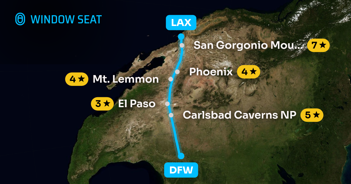 Map of the Dallas-Fort Worth to Los Angeles flight path with its landmarks on each side