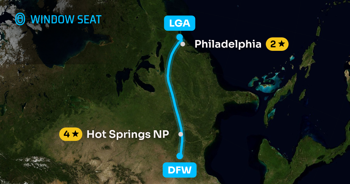 Map of the Dallas-Fort Worth to New York flight path with its landmarks on each side