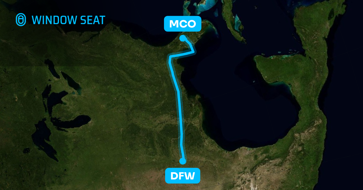 Map of the Dallas-Fort Worth to Orlando flight path with its landmarks on each side