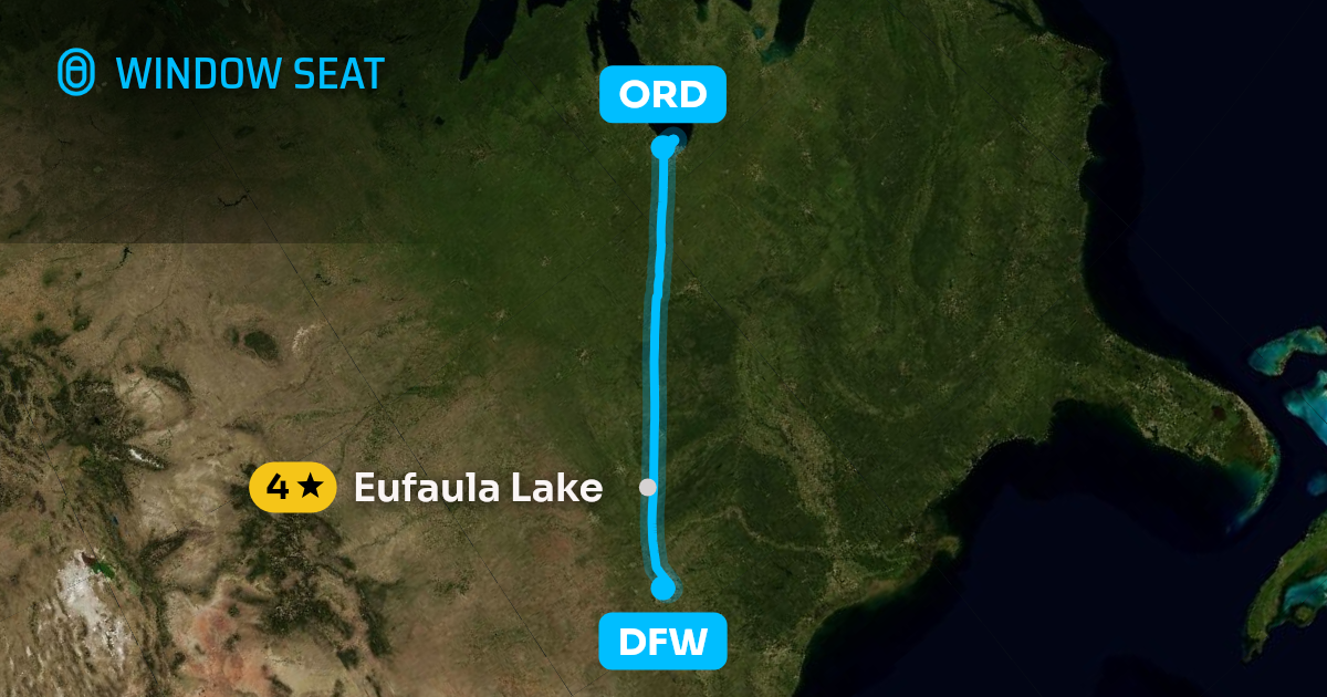 Map of the Dallas-Fort Worth to Chicago flight path with its landmarks on each side