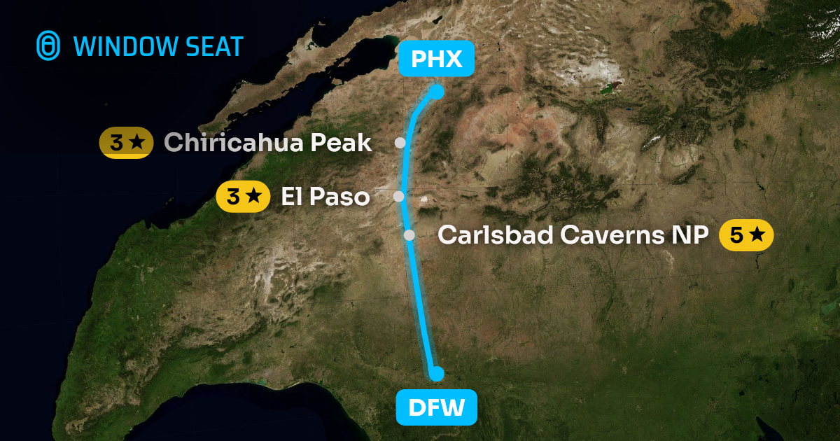Map of the Dallas-Fort Worth to Phoenix flight path with its landmarks on each side