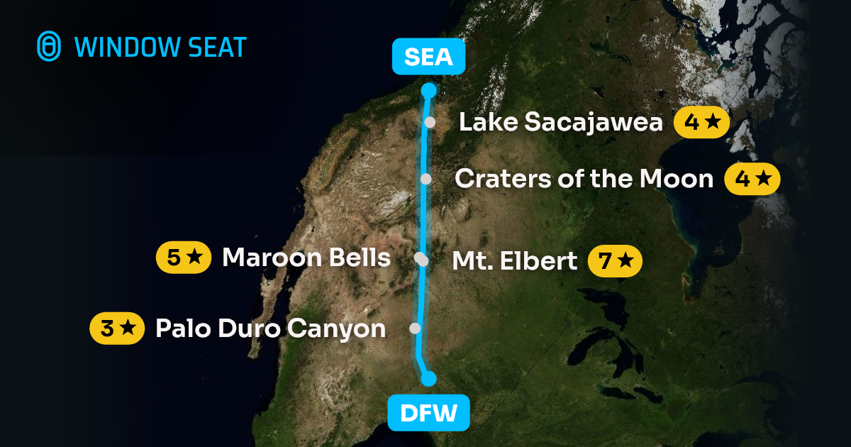 Map of the Dallas-Fort Worth to Seattle flight path with its landmarks on each side