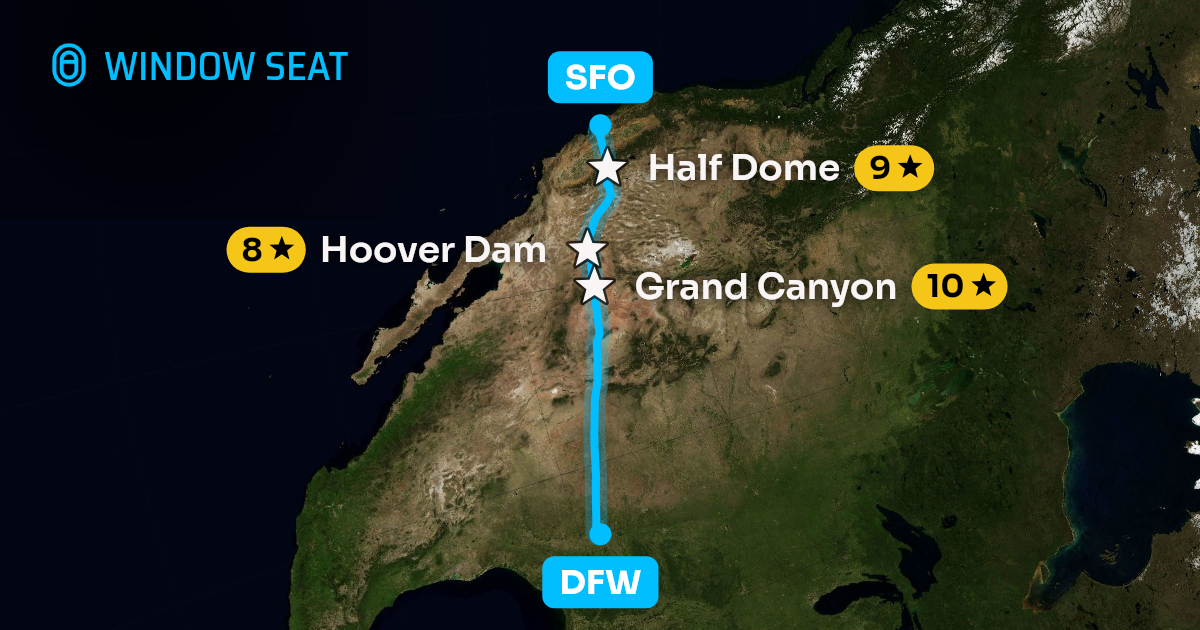 Map of the Dallas-Fort Worth to San Francisco flight path with its landmarks on each side