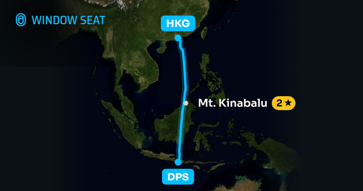 Map of the Denpasar-Bali Island to Hong Kong flight path with its landmarks on each side