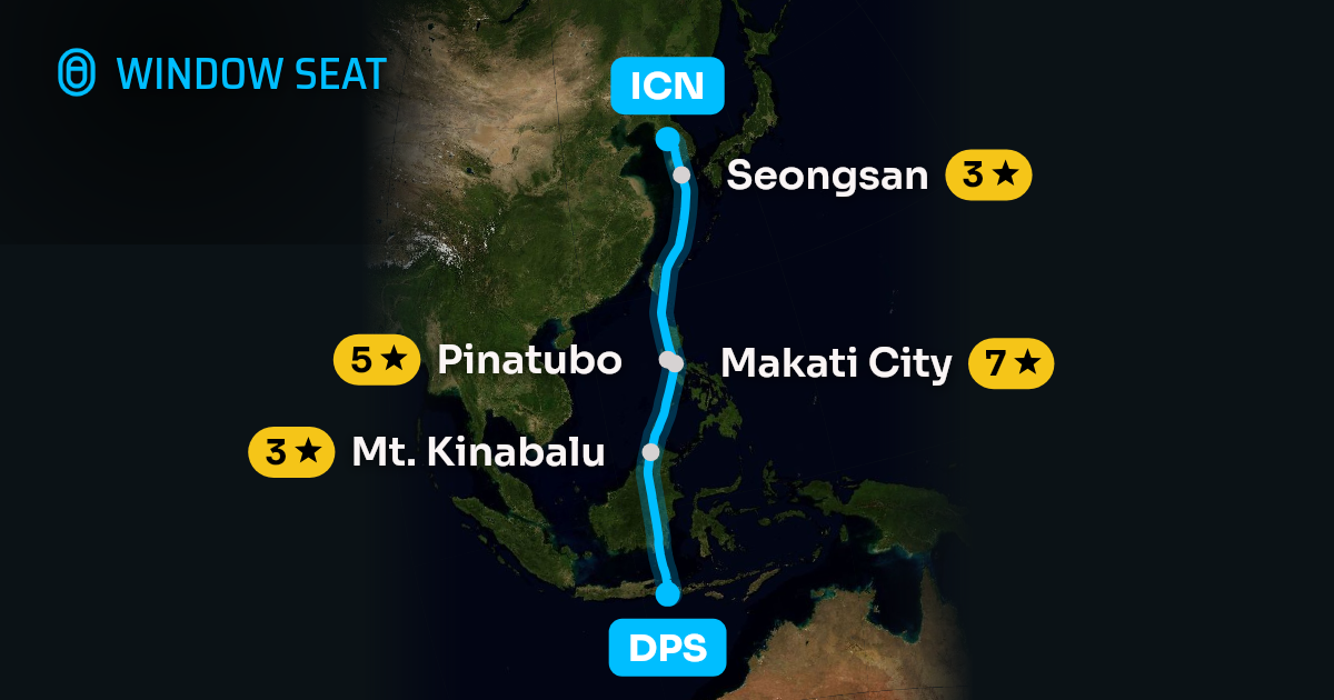 Map of the Denpasar-Bali Island to Seoul flight path with its landmarks on each side