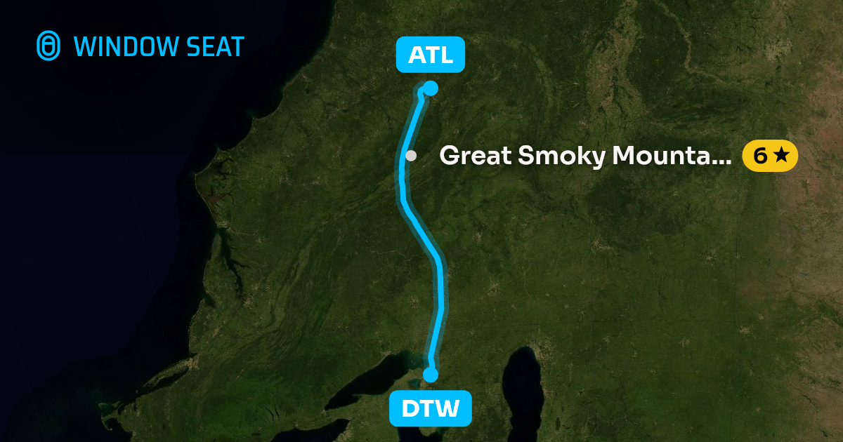 Map of the Detroit to Atlanta flight path with its landmarks on each side