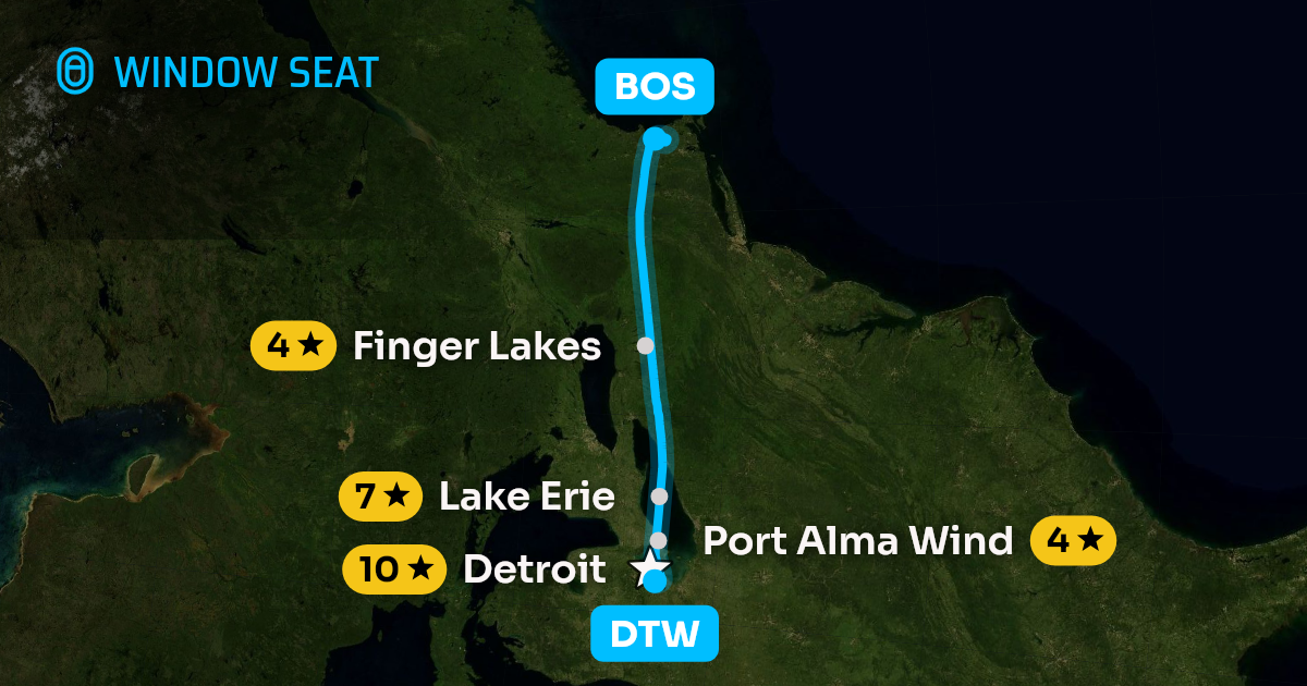 Map of the Detroit to Boston flight path with its landmarks on each side