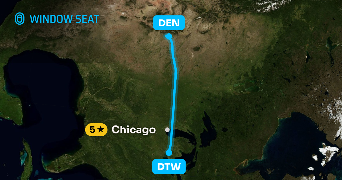 Map of the Detroit to Denver flight path with its landmarks on each side