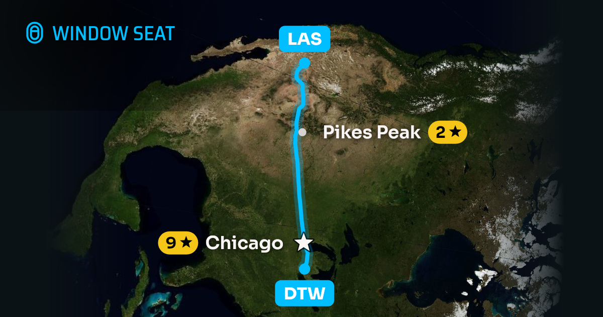 Map of the Detroit to Las Vegas flight path with its landmarks on each side