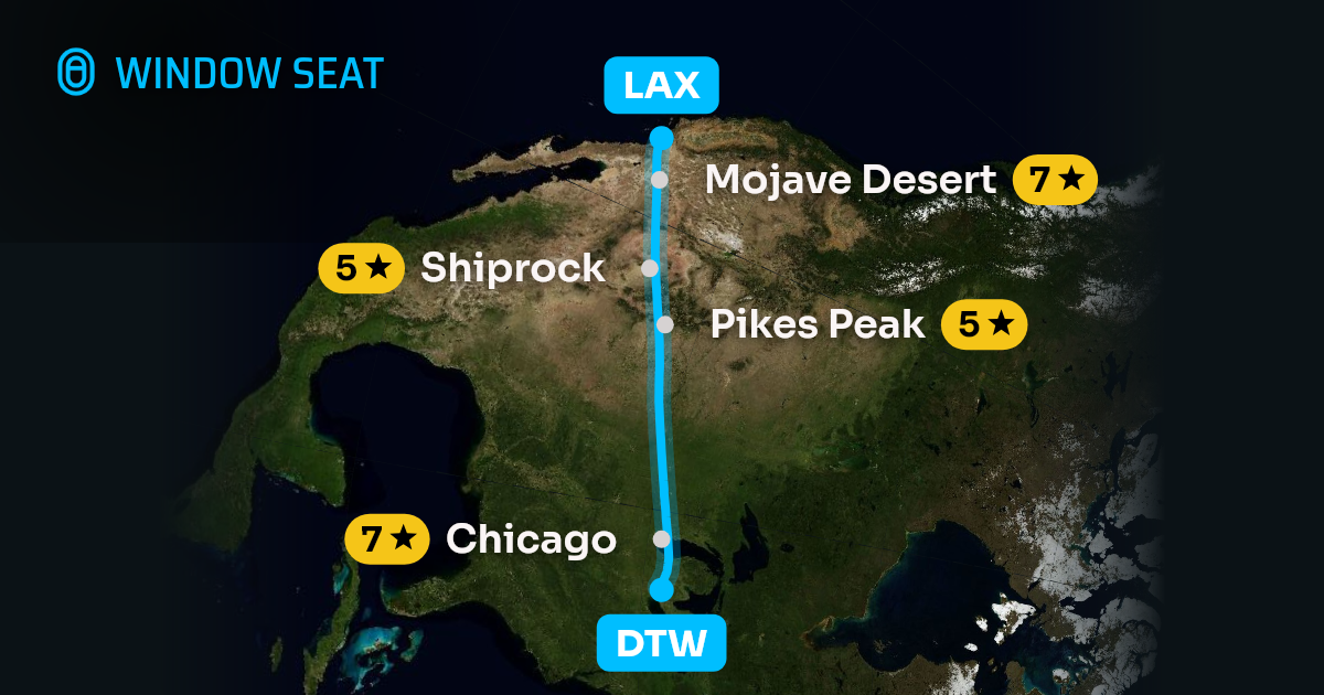 Map of the Detroit to Los Angeles flight path with its landmarks on each side