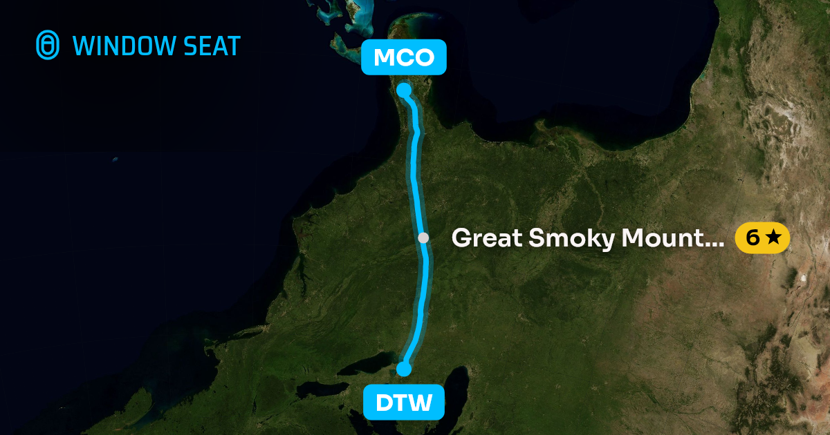 Map of the Detroit to Orlando flight path with its landmarks on each side