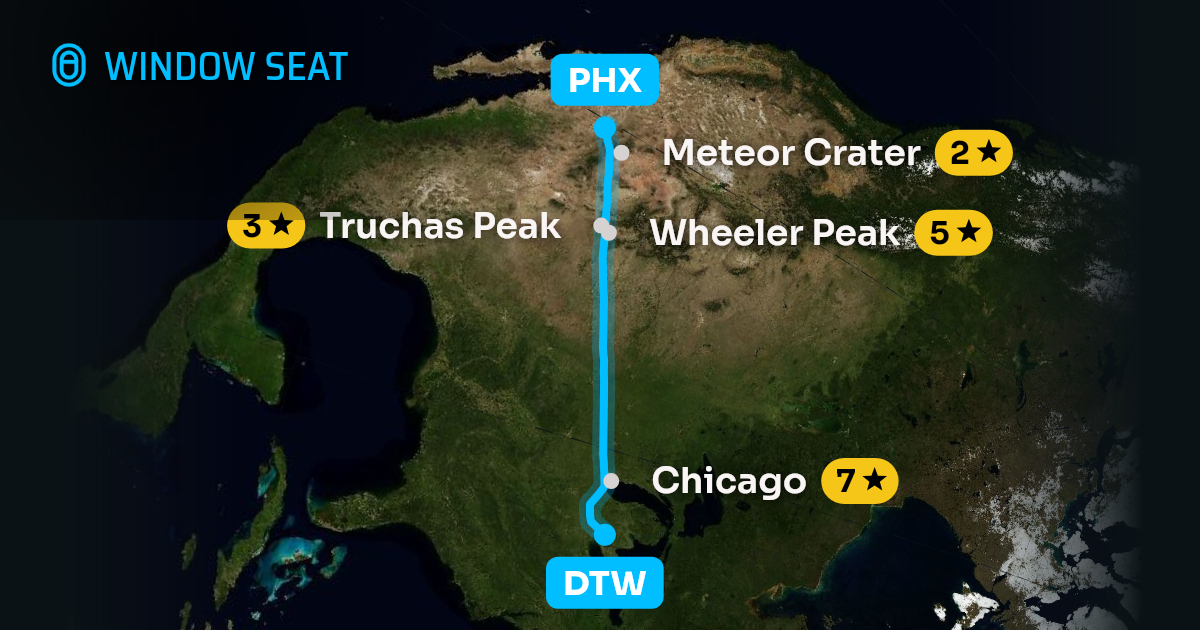 Map of the Detroit to Phoenix flight path with its landmarks on each side