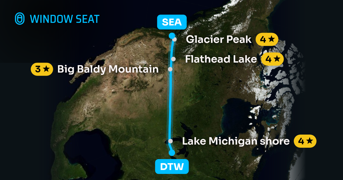 Map of the Detroit to Seattle flight path with its landmarks on each side
