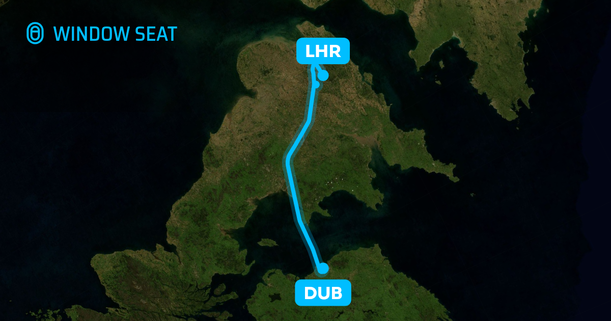 Map of the Dublin to London flight path with its landmarks on each side