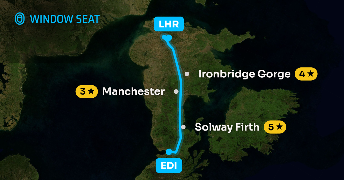 Map of the Edinburgh to London flight path with its landmarks on each side