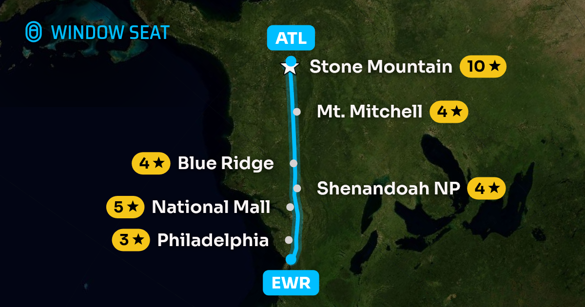 Map of the Newark to Atlanta flight path with its landmarks on each side