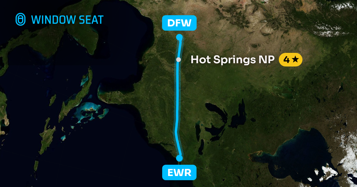 Map of the Newark to Dallas-Fort Worth flight path with its landmarks on each side