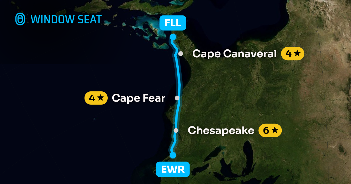 Map of the Newark to Fort Lauderdale flight path with its landmarks on each side