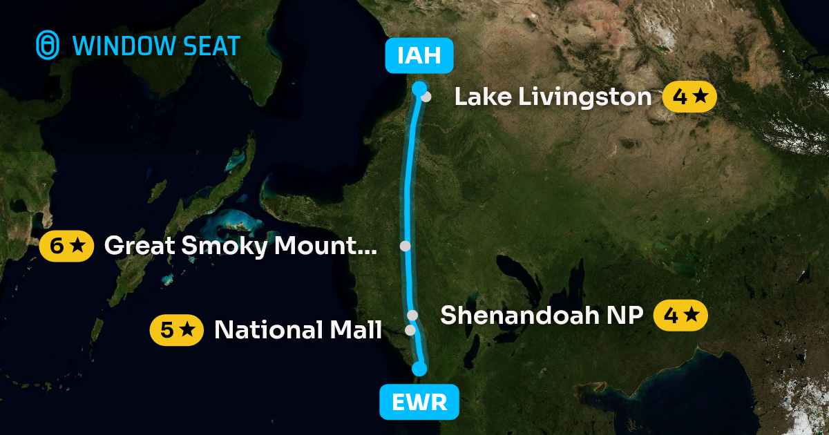 Map of the Newark to Houston flight path with its landmarks on each side