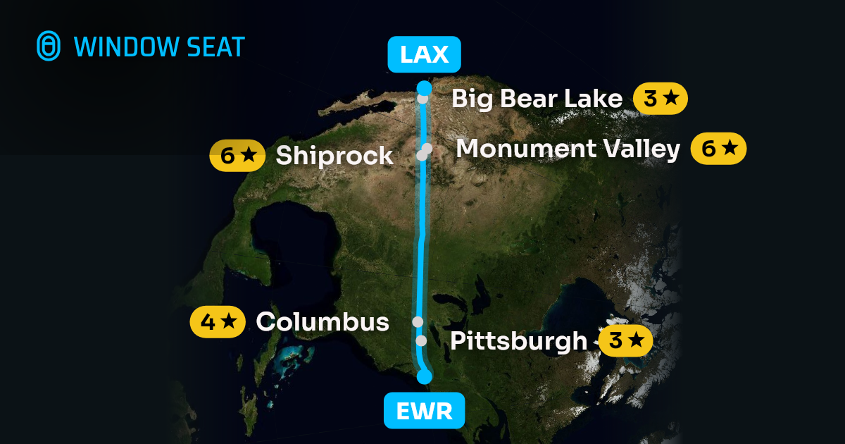 Map of the Newark to Los Angeles flight path with its landmarks on each side