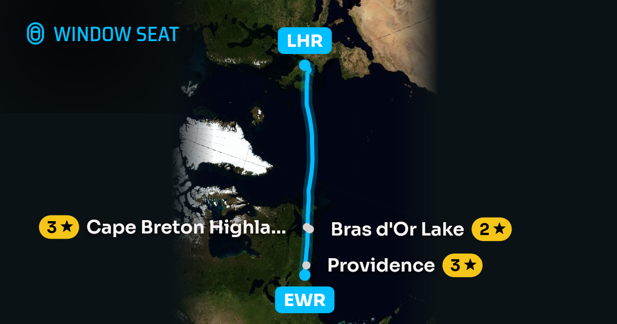 Map of the Newark to London flight path with its landmarks on each side
