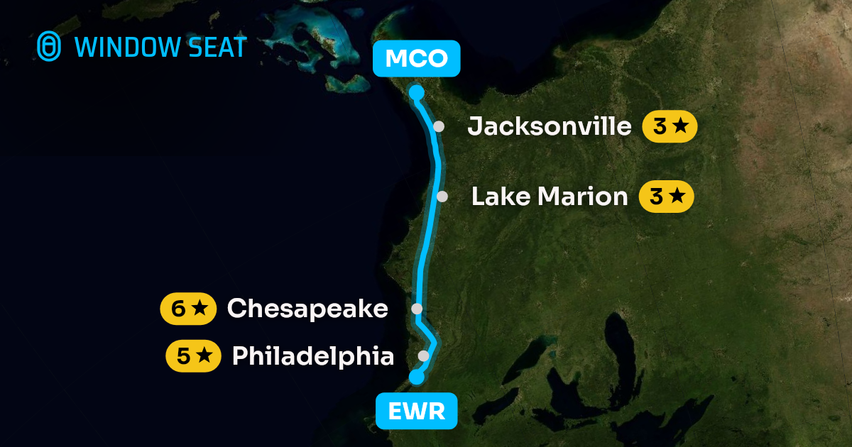 Map of the Newark to Orlando flight path with its landmarks on each side