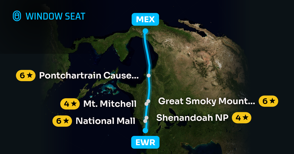 Map of the Newark to Mexico City flight path with its landmarks on each side