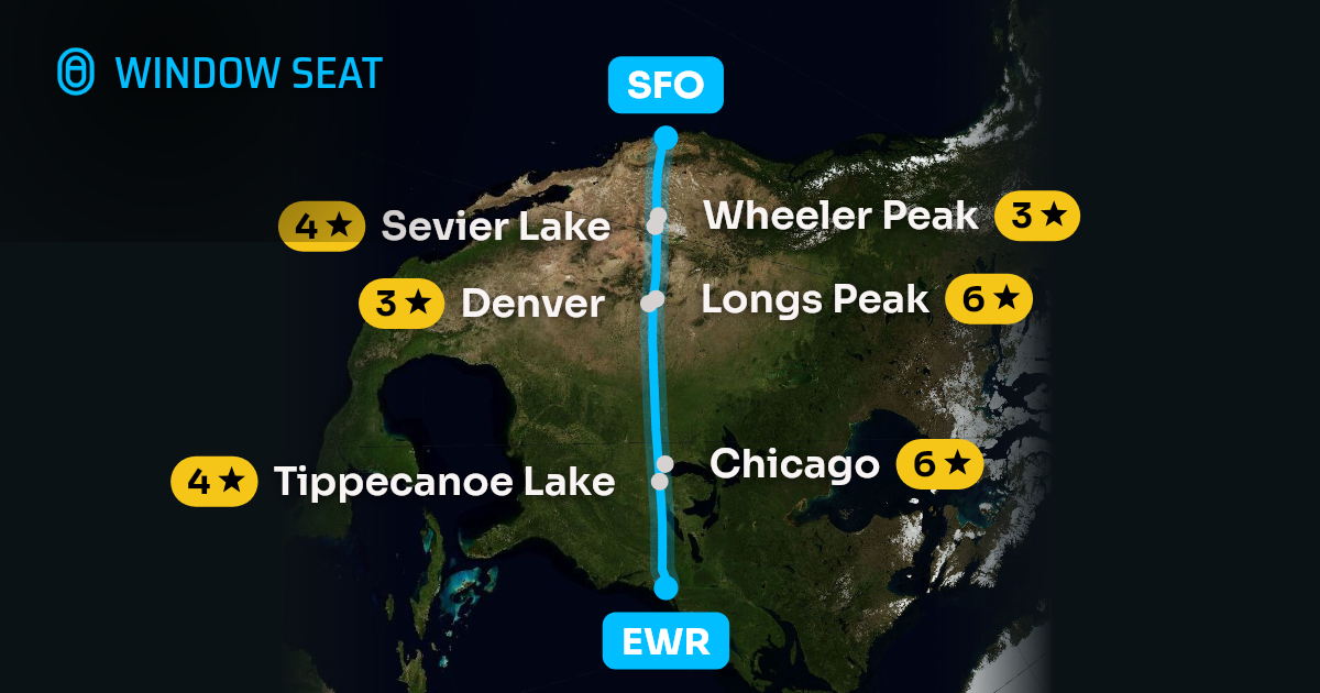 Map of the Newark to San Francisco flight path with its landmarks on each side