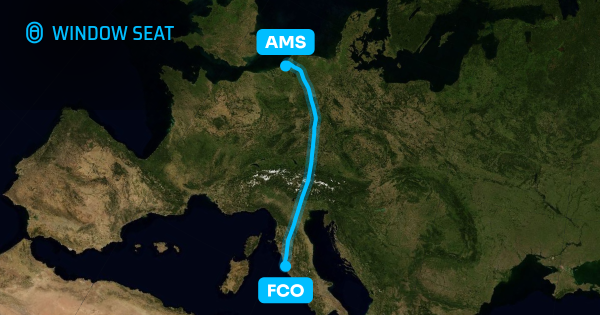 Map of the Rome to Amsterdam flight path with its landmarks on each side