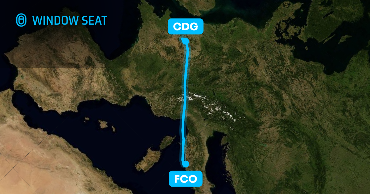Map of the Rome to Paris flight path with its landmarks on each side
