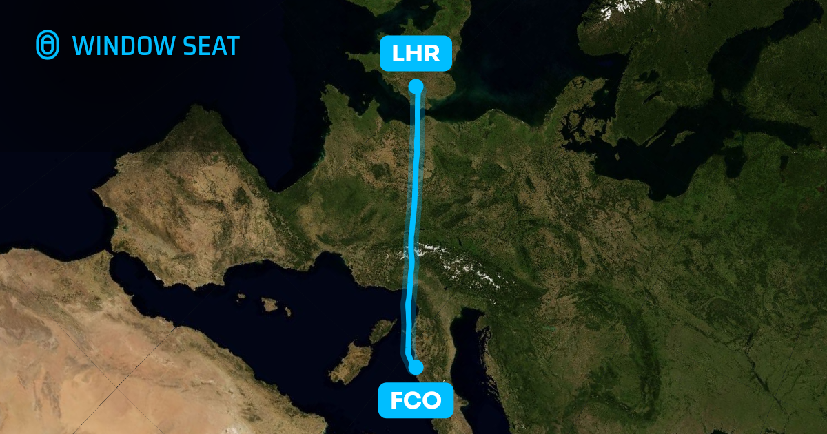 Map of the Rome to London flight path with its landmarks on each side