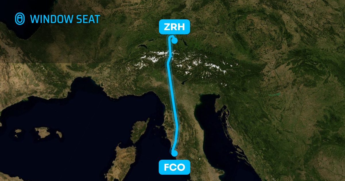Map of the Rome to Zurich flight path with its landmarks on each side