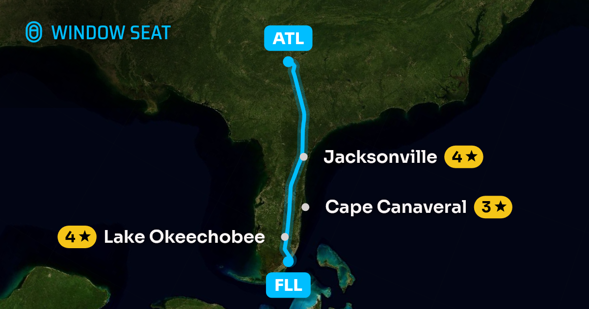 Map of the Fort Lauderdale to Atlanta flight path with its landmarks on each side