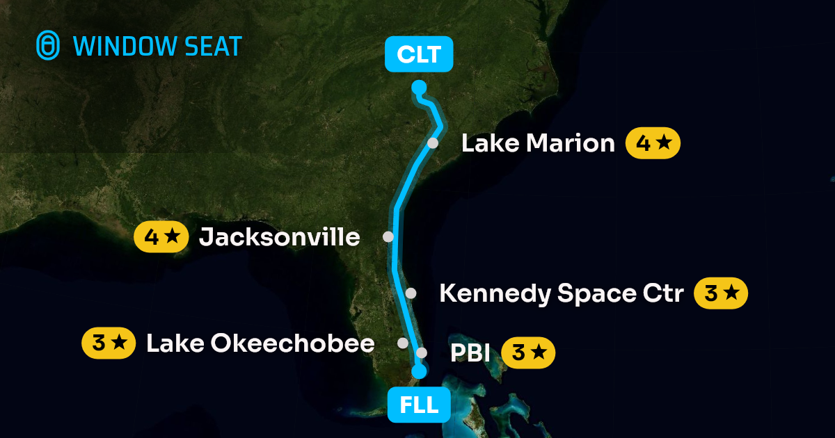 Map of the Fort Lauderdale to Charlotte flight path with its landmarks on each side