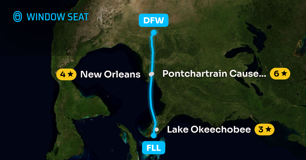 Map of the Fort Lauderdale to Dallas-Fort Worth flight path with its landmarks on each side
