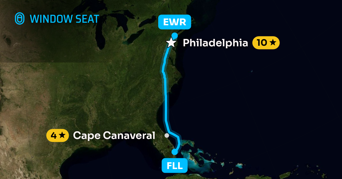 Map of the Fort Lauderdale to Newark flight path with its landmarks on each side