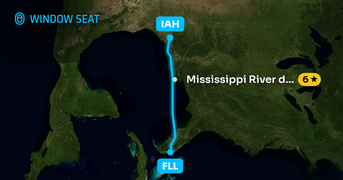 Map of the Fort Lauderdale to Houston flight path with its landmarks on each side