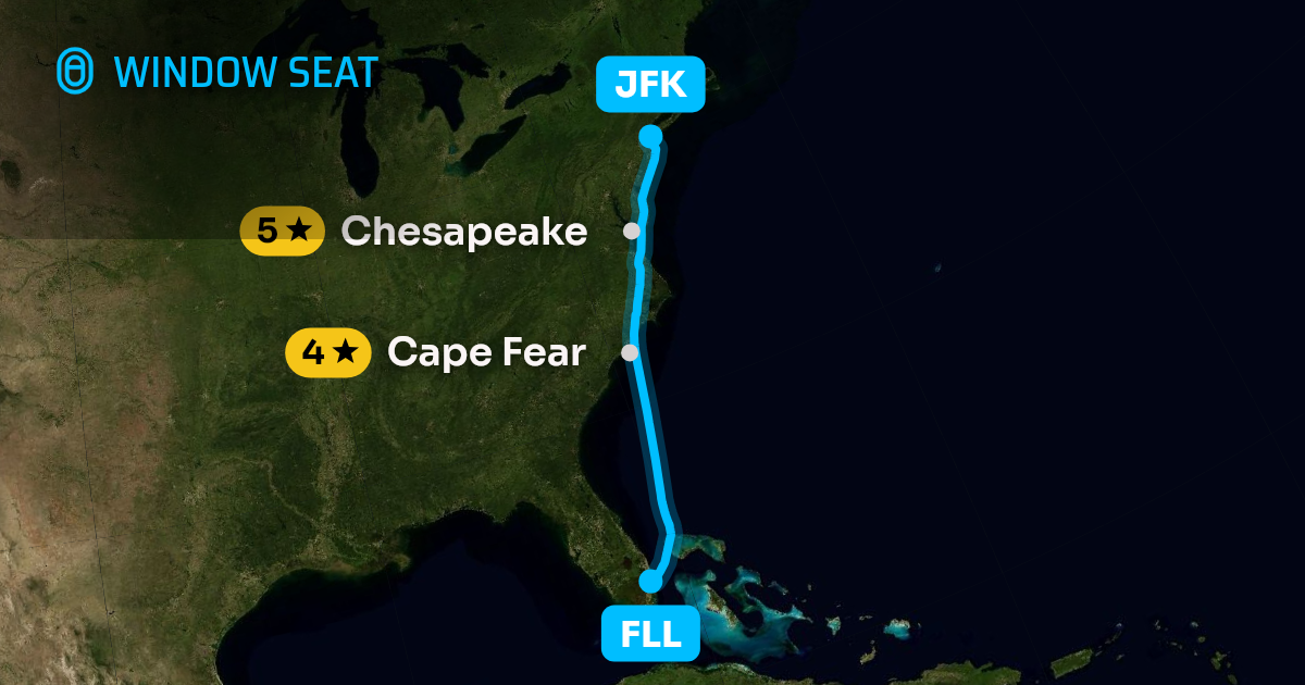 Map of the Fort Lauderdale to New York flight path with its landmarks on each side
