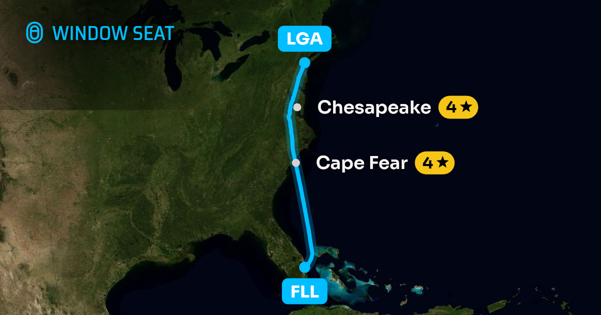 Map of the Fort Lauderdale to New York flight path with its landmarks on each side