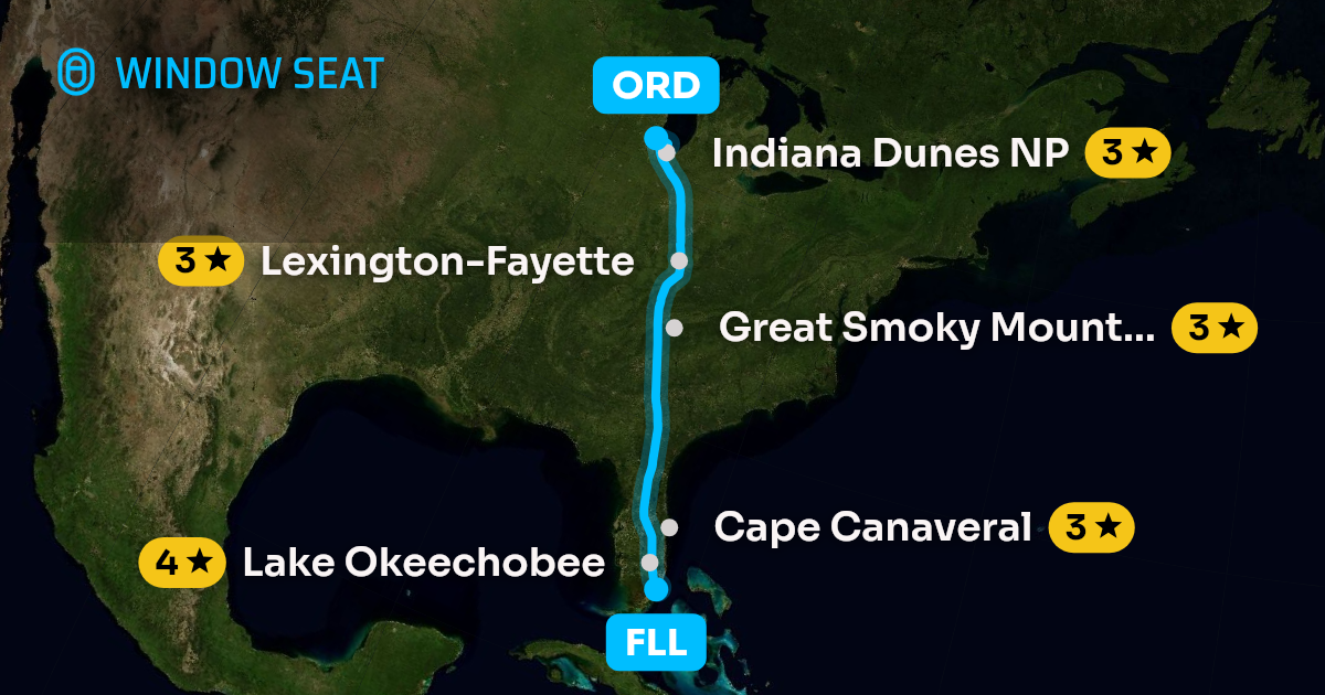 Map of the Fort Lauderdale to Chicago flight path with its landmarks on each side