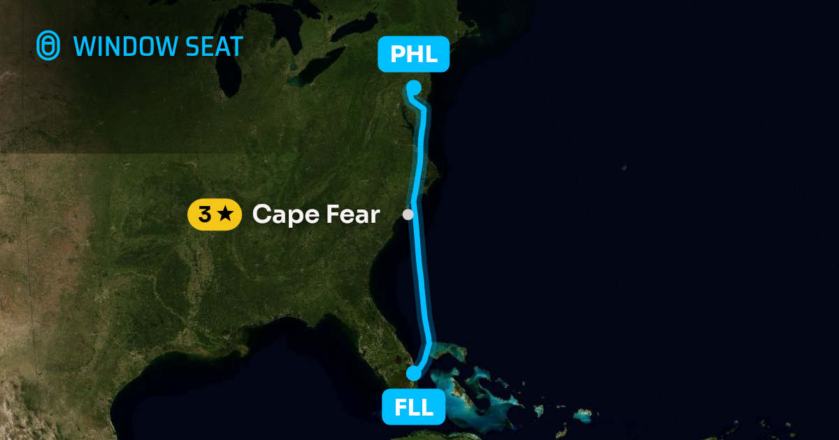 Map of the Fort Lauderdale to Philadelphia flight path with its landmarks on each side