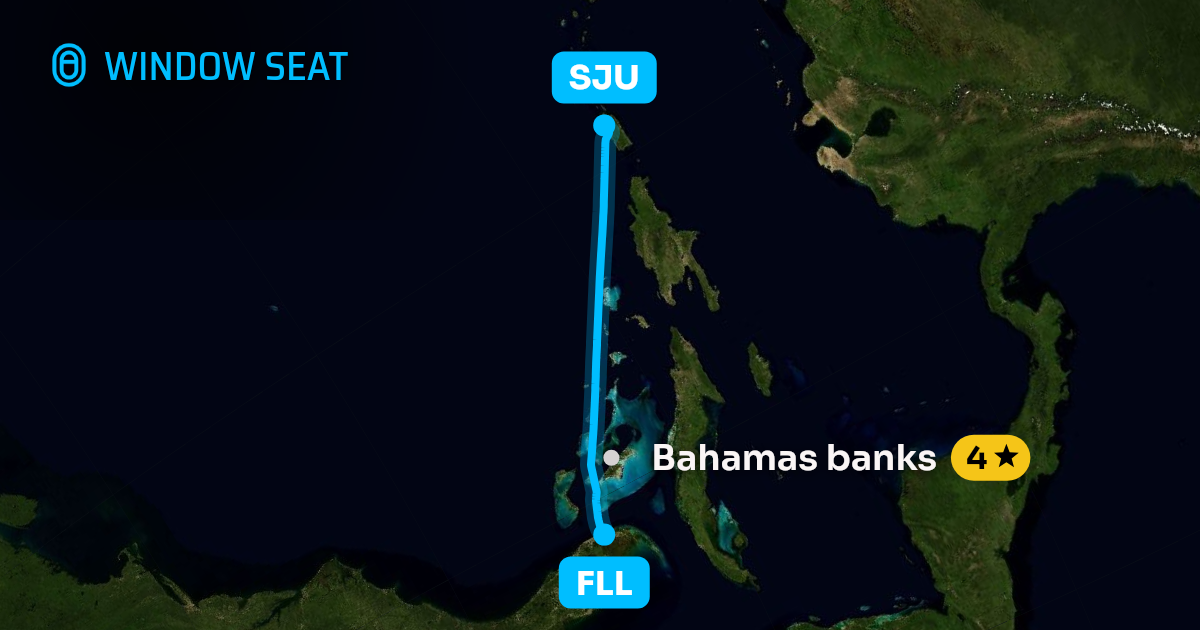 Map of the Fort Lauderdale to San Juan flight path with its landmarks on each side