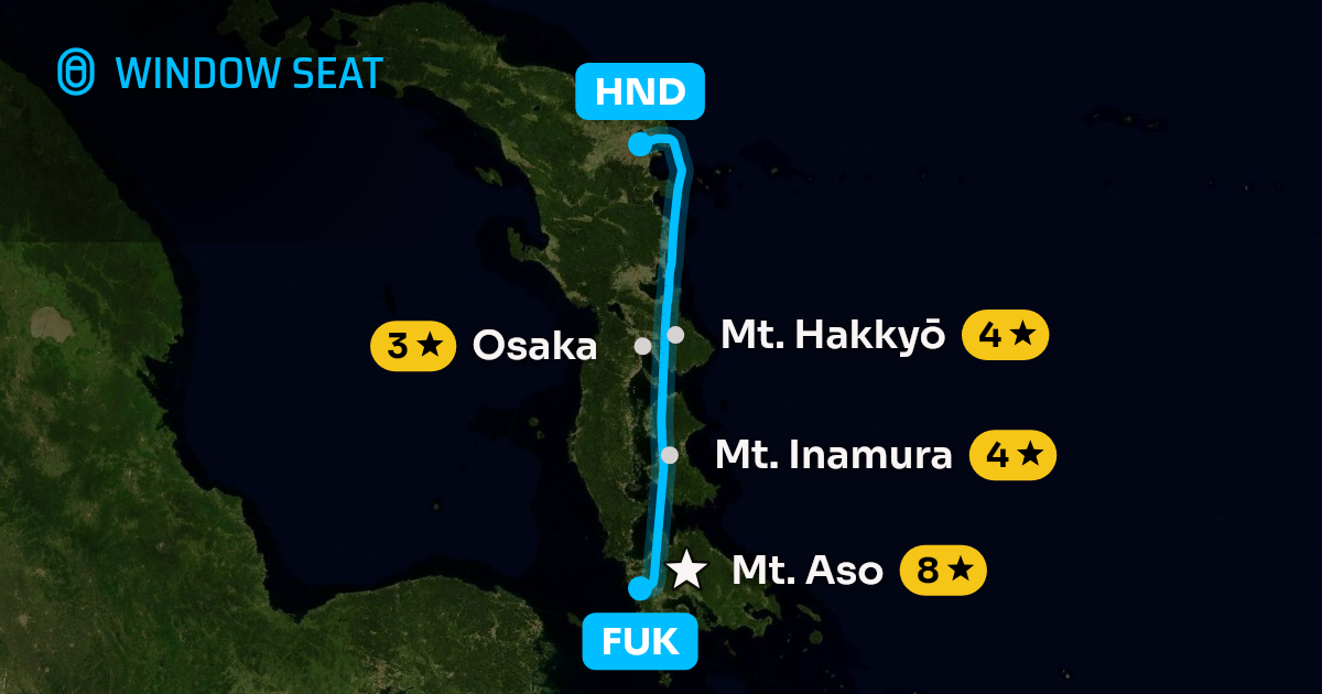 Map of the Fukuoka to Tokyo flight path with its landmarks on each side