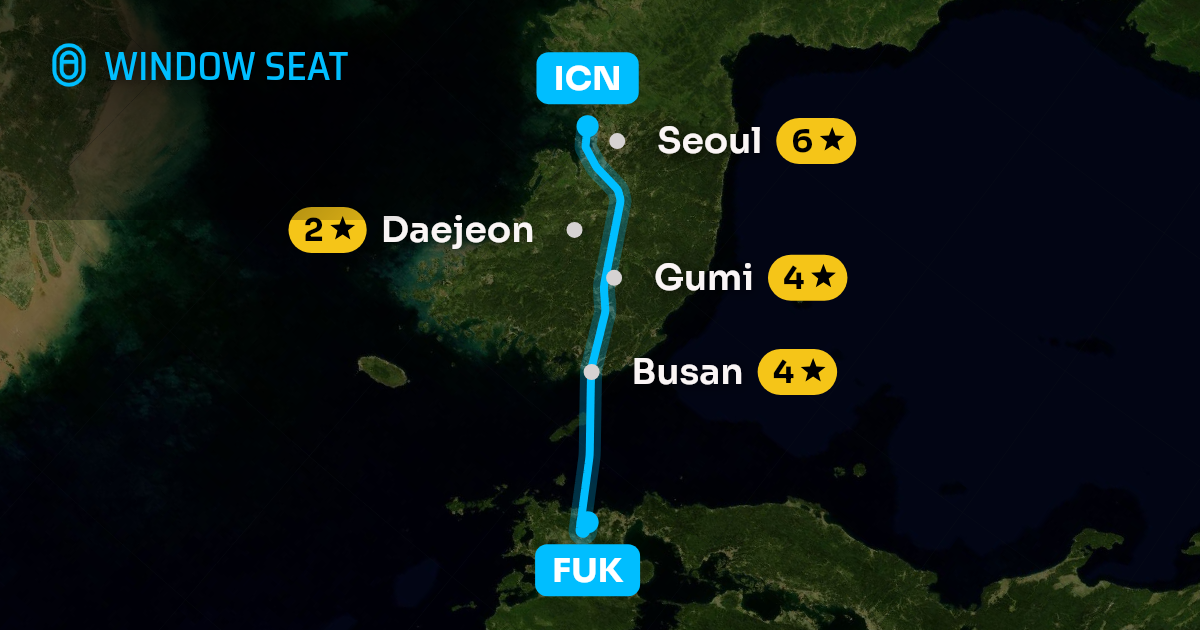 Map of the Fukuoka to Seoul flight path with its landmarks on each side