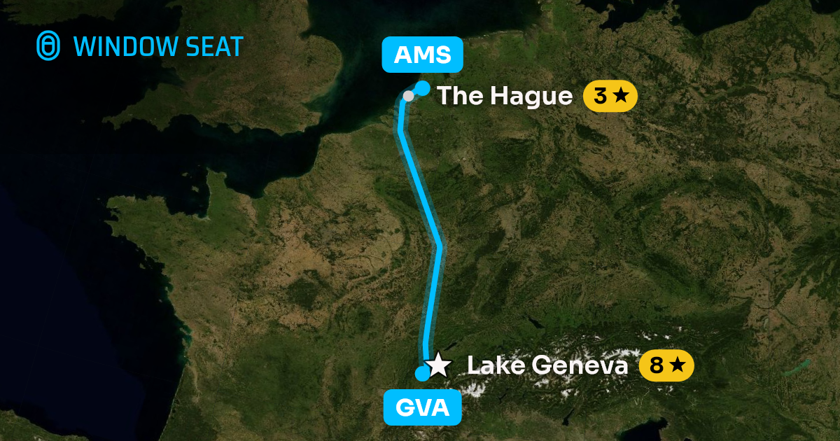 Map of the Geneva to Amsterdam flight path with its landmarks on each side