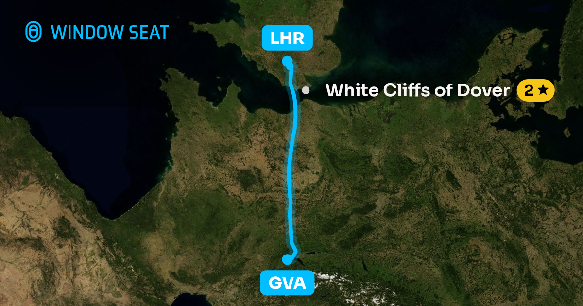 Map of the Geneva to London flight path with its landmarks on each side