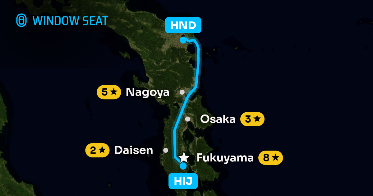 Map of the Hiroshima to Tokyo flight path with its landmarks on each side