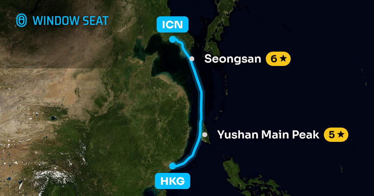 Map of the Hong Kong to Seoul flight path with its landmarks on each side