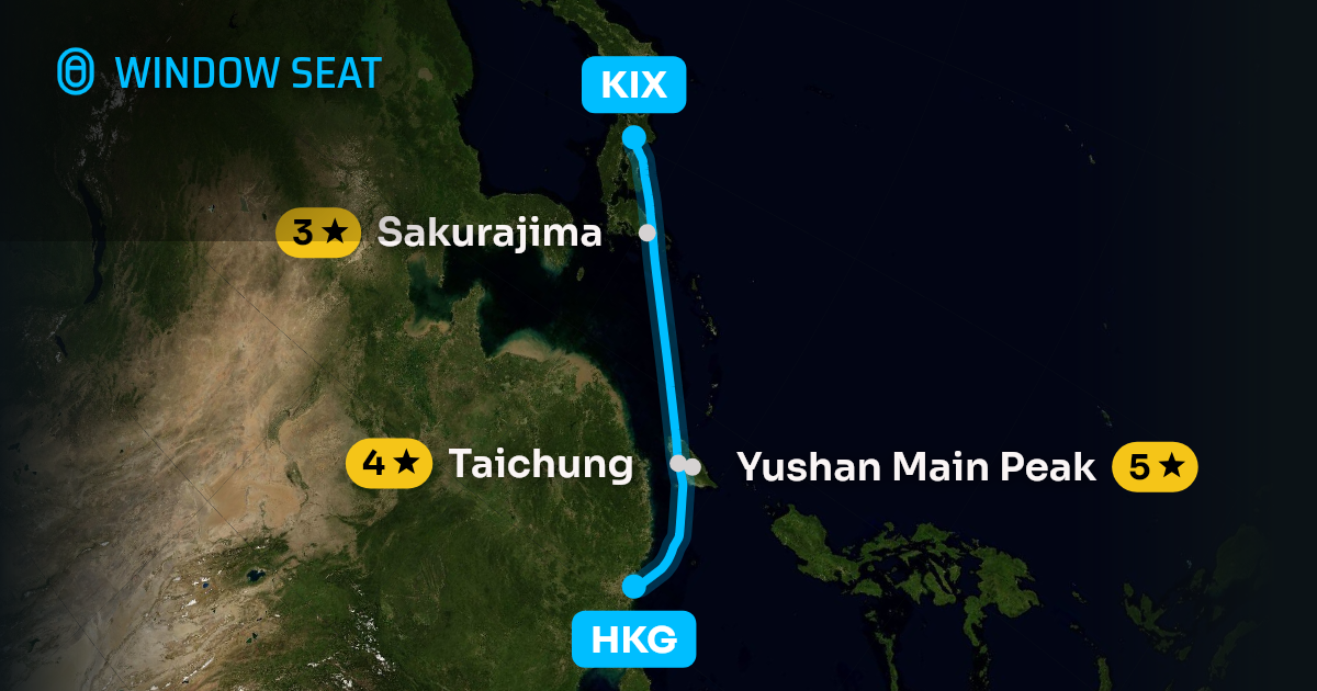 Map of the Hong Kong to Osaka flight path with its landmarks on each side