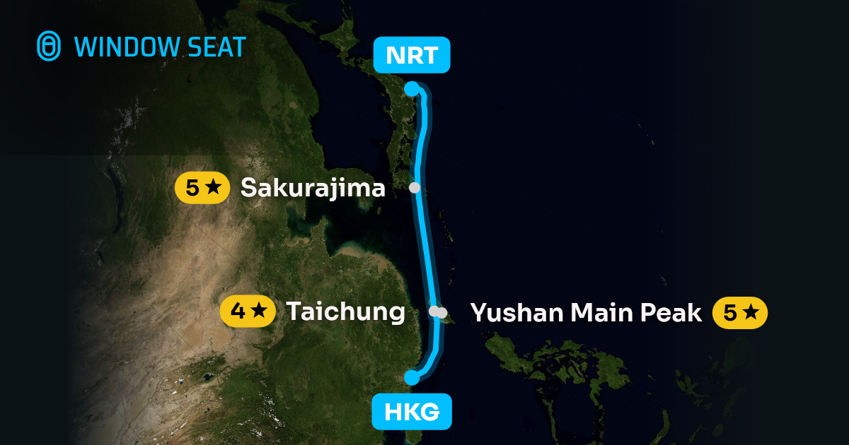Map of the Hong Kong to Tokyo flight path with its landmarks on each side